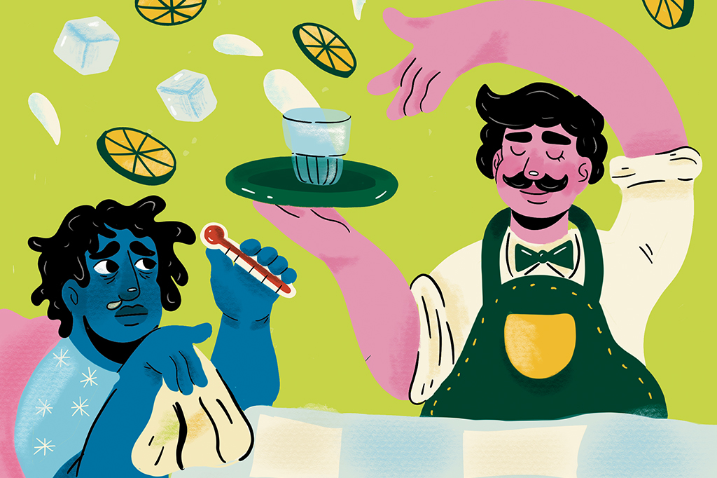 Ilustração de um barman preparando uma caipirinha para uma pessoa de cama, doente.