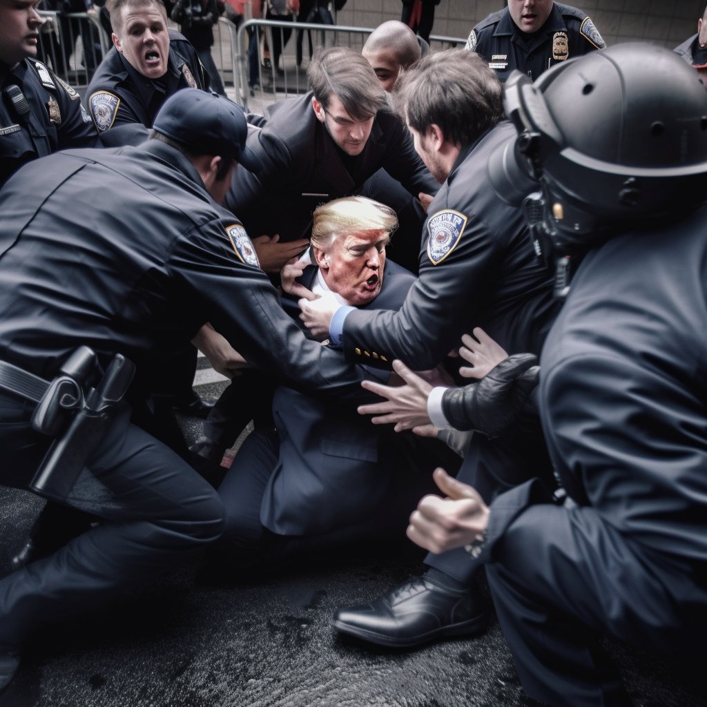 fake-trump Imagem gerada por inteligência artificial do ex-presidente Trump sendo preso.
