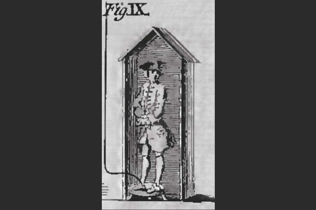 Figura original de Experiments and Observations on Electricity (1751), de Franklin, mostrando um esboço do experimento da guarita.