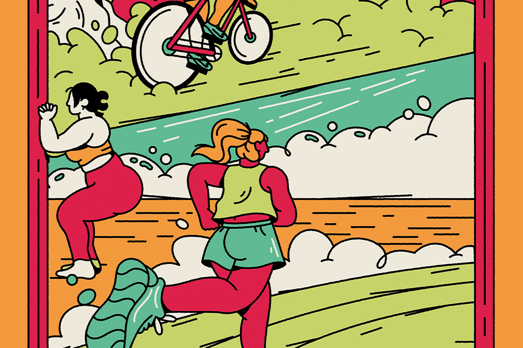 SI_451_Bunda2 Pessoas ilustradas fazendo diversos movimentos que só são possíveis por causa do desenvolvimento da bunda, como: correr, agachar, escalar.