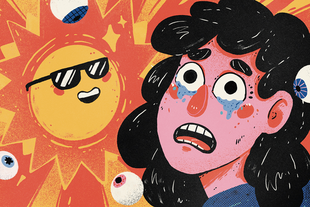 Uma pessoa com os olhos lacrimejando, olhando para um Sol bem brilhante, que está sorrindo e de óculos escuros.