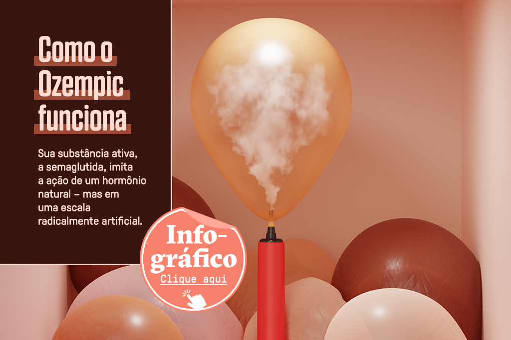 SI_451_Ozempic_site-03 Ilustração 3D de uma bomba de ar injetando um pó dentro de um balão, e um box de texto “Como o Ozempic funciona”, junto com um botão de “Clique aqui” que redireciona para o infográfico completo do funcionamento do remédio.