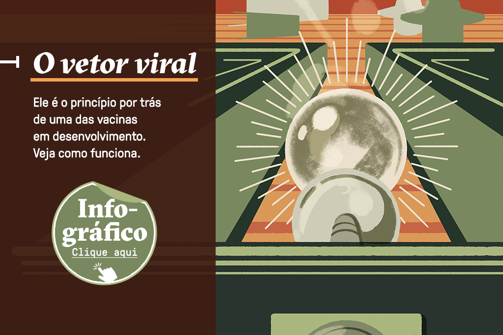 Ilustração de uma bola branca entrando no jogo, junto com um botão de “Clique aqui” que redireciona para o infográfico completo sobre o vetor viral.