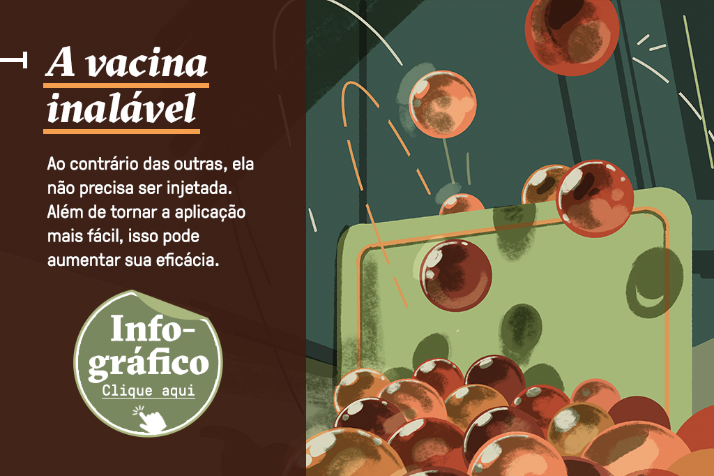 Ilustração das bolas vermelhas pulando a barreira colocada na ilustração anterior. Junto da ilustração, possui um box com um botão de “Clique aqui” que redireciona para o infográfico completo sobre a vacina inalável.