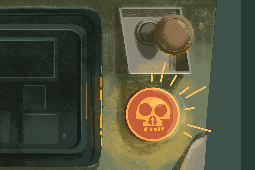 SI_452_Crack_site10 Ilustração do botão de start com uma caveira aceso, enquanto o resto do tabuleiro está desligado.