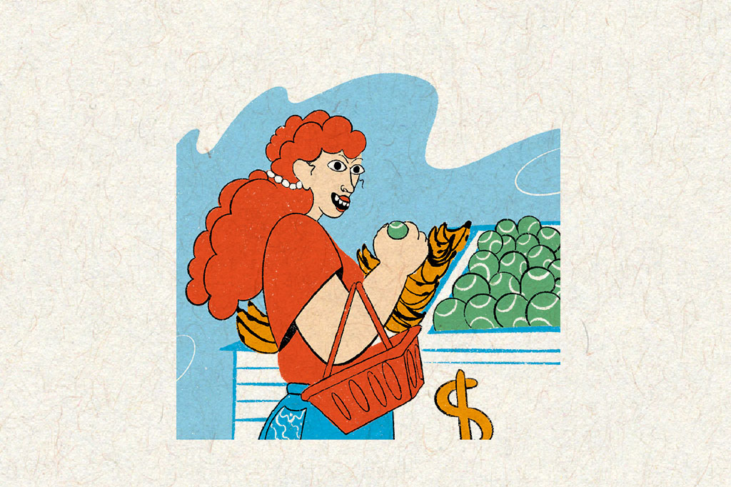 Ilustração de uma mulher com cesta de compras no braço escolhendo bolas de tênis como se fossem frutas no hortifruti do mercado.