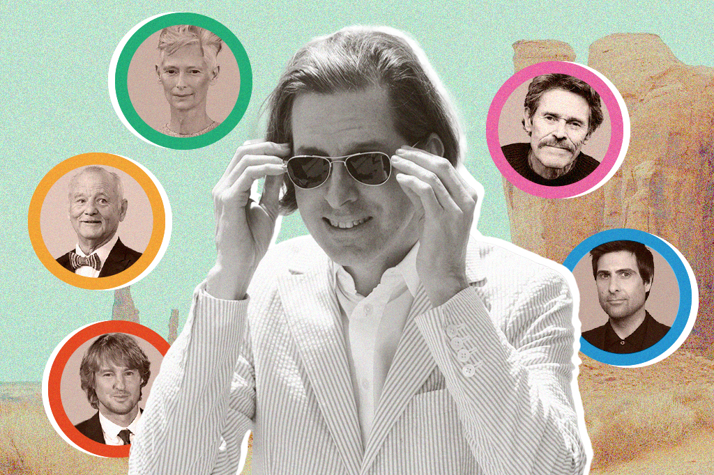 Montagem com retrato de Wes Anderson e dos atores Owen Wilson, Bill Murray, Jason Schwartzman, Williem Dafoe e Tilda Swinton.