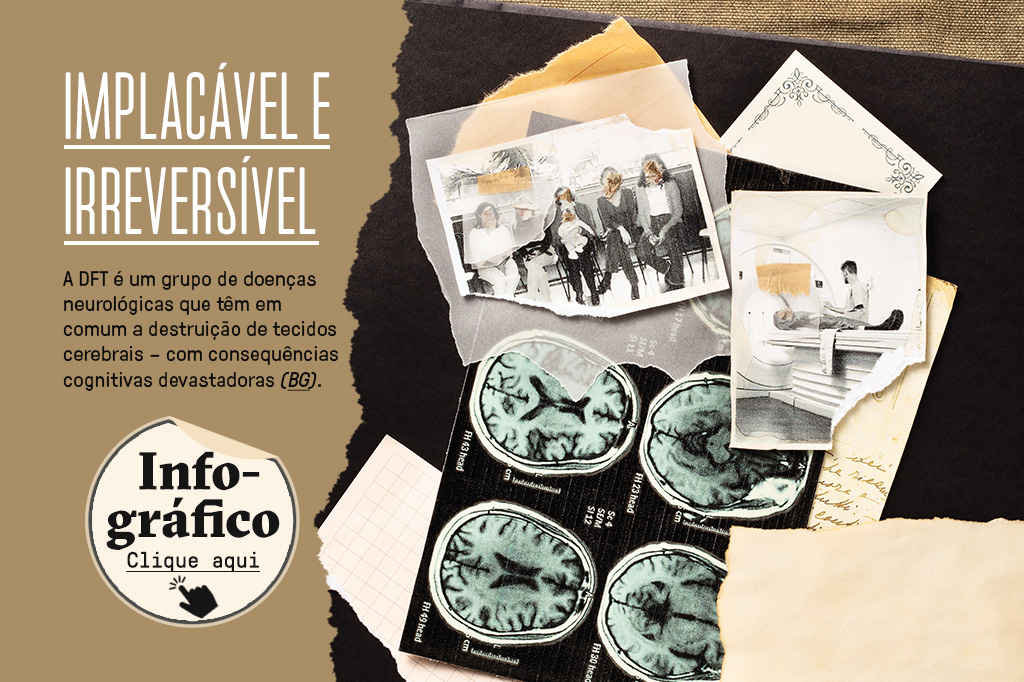 SI_457_DFT_site-03 Foto da página do álbum de colagem com fotos representando a família realizando exames, nas fotos mostram duas das irmãs “sumindo” através do papel vegetal cobrindo elas. Junto com a foto do álbum também tem um box com “Implacável e irreversível” escrito e embaixo um botão de “Infográfico, clique aqui” que redireciona para um infográfico com a explicação do que é a doença.