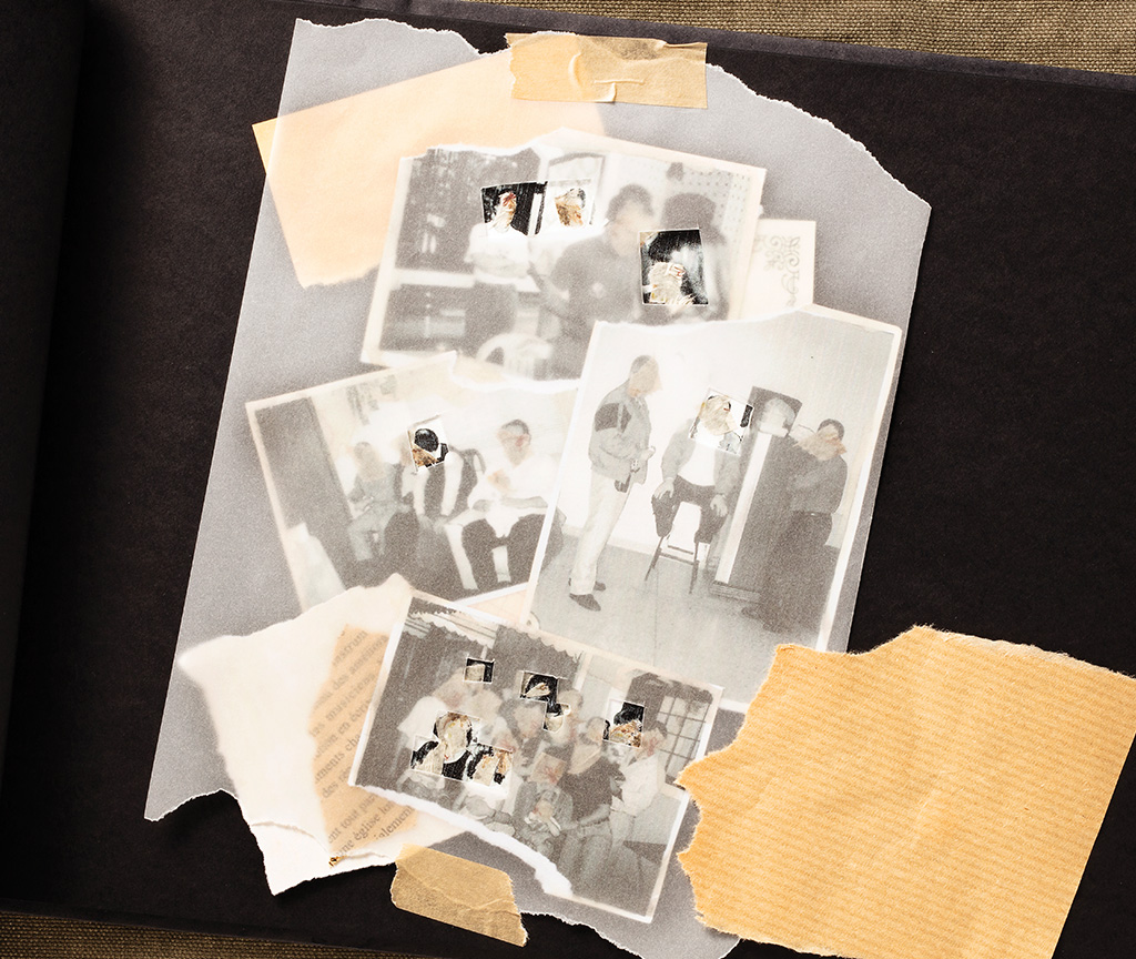 SI_457_DFT_site-05 Foto da página do álbum de colagem com fotos da família e com o papel vegetal cobrindo as fotos por completo, com apenas alguns “buracos” em alguns membros, representando a doença afetando quase toda a família.