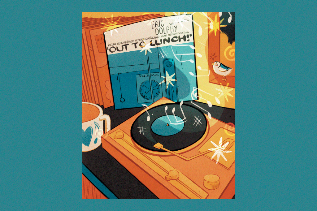 Ilustra&ccedil;&atilde;o do &aacute;lbum de jazz Out to Lunch atras de um toca-discos.