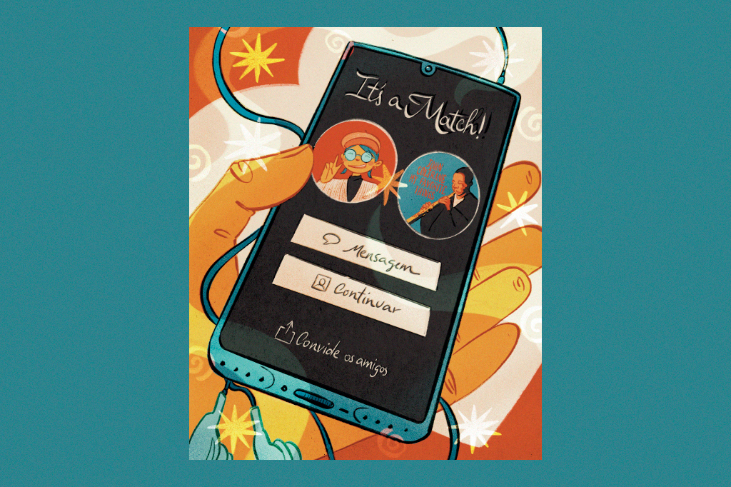 Ilustra&ccedil;&atilde;o da tela do aplicativo Tinder com retrato de uma mulher e o album My Favorite Things dando 