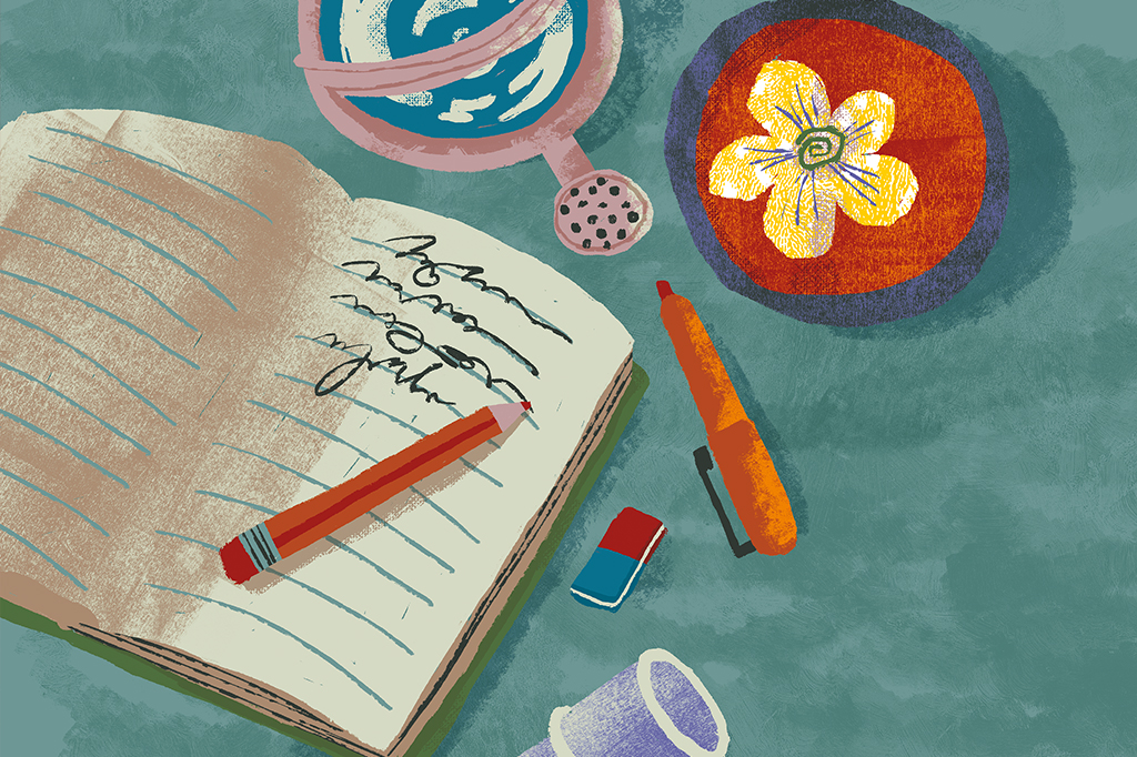 SI_460_MATCAPA-Eutanasia_site-03 Ilustração de um diário aberto com algumas anotações, ao redor dele tem canetas, borracha, um canudo de diploma, além de um vaso de flor com a flor um pouco maior e um regador.