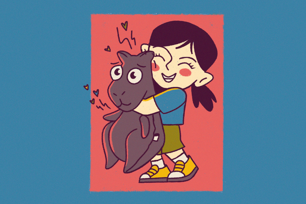 Ilustração de uma menina apertando uma capivara de pelúcia.
