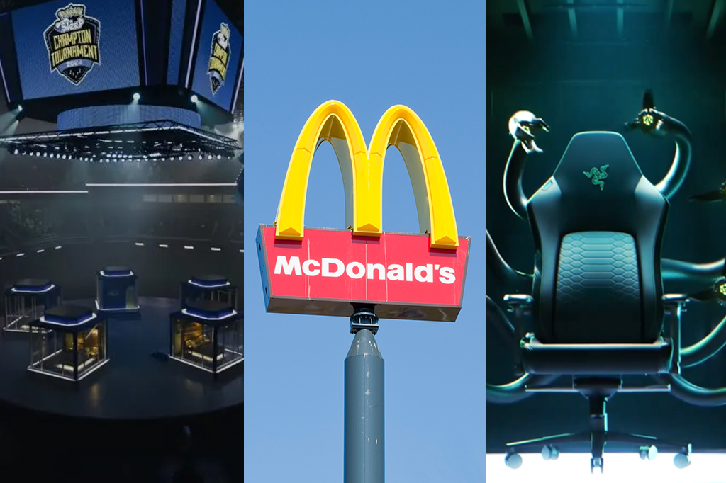 Da esquerda à direita; Torneio Pokémon Sleep World Champions, Logotipo do Mc Donald's e cadeira Razer