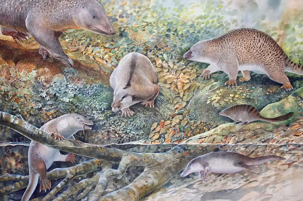 Ilustração de seis mamíferos distintos à beira de um rio.