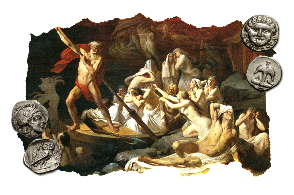 Colagem com uma pintura do século XIX da travessia de Caronte, por Alexander Litovchenko, junto a exemplares de moedas gregas e romanas cobradas como tarifa.