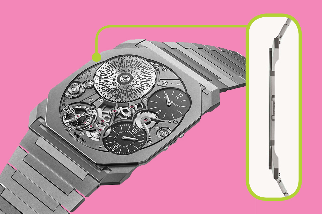 Montagem do relógio Octo Ultra COSC da Bulgari e uma tela aproximada mostrando a espessura dele.