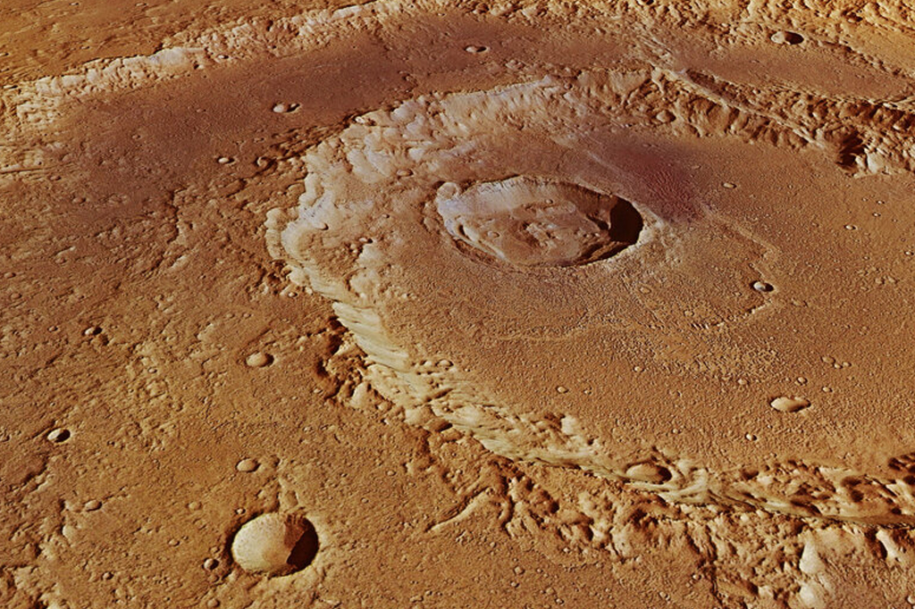 Perspectiva de cratera no planeta Marte.