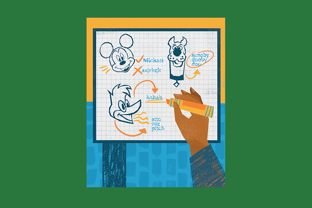 SI_464_ORCL_Manual_2 Um quadro com anotações de personagens Mickey, Scooby Doo e Pica-pau, como se fosse um professor dando aula sobre eles