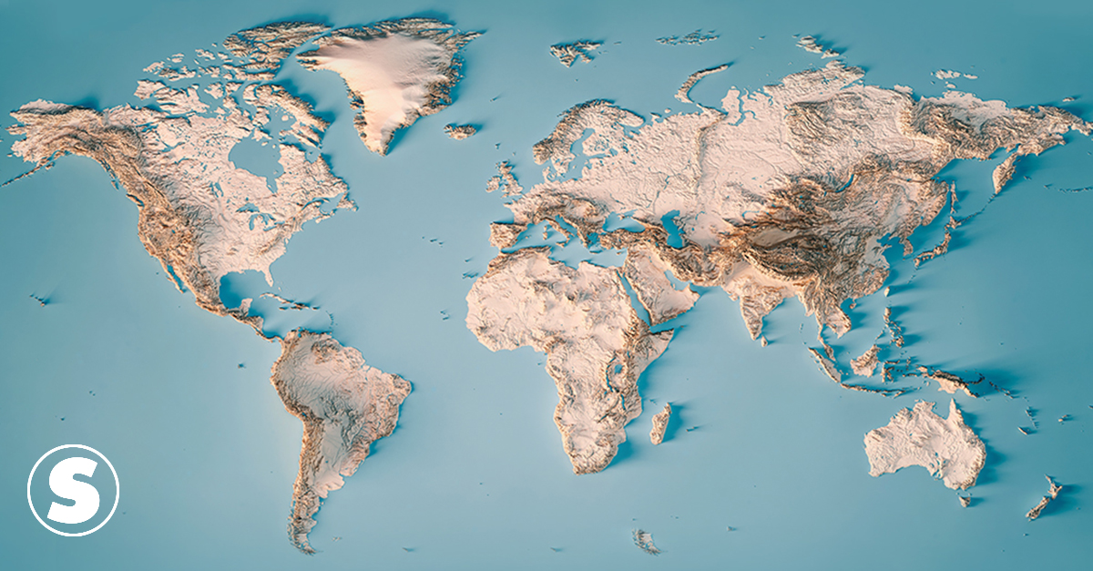 Renderização topográfica do mapa-mundi
