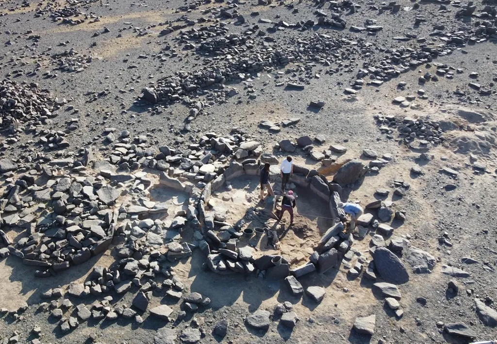 1707-casas-circulares-solo-super-site Pessoas escavando círculos de pedra.