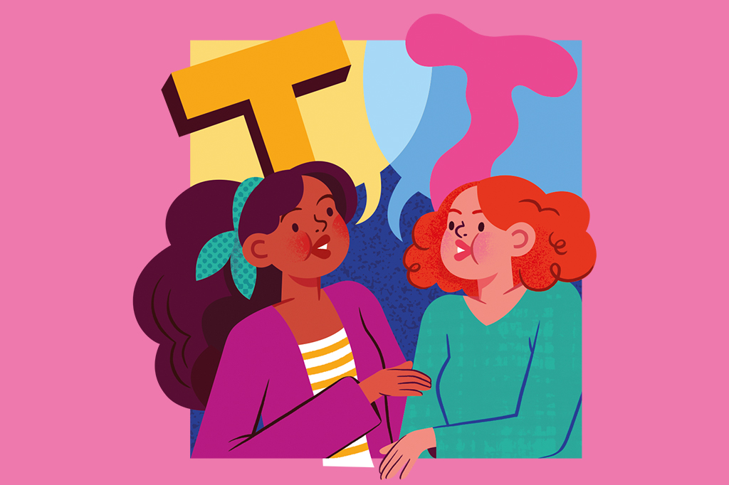 Ilustração de duas mulheres falando e atrás vemos as letras "T" de formas diferentes.