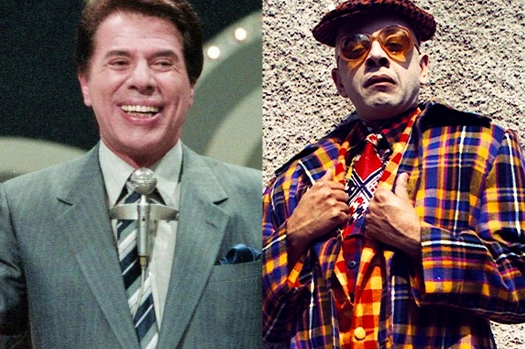 À esquerda, Silvio Santos, um idoso, vestindo um uma camisa social e um microfone justaposto ao peito. À direita, a personagem Doutor Abobrinha, vestindo uma camisa colorida xadrez e uma boina.