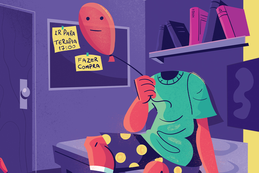 Ilustra&ccedil;&atilde;o de um corpo sentado em um quarto enquanto segura sua cabe&ccedil;a em formato de bal&atilde;o pela corda. Em volta, um quadro com post its e anota&ccedil;&otilde;es de tarefas a fazer.