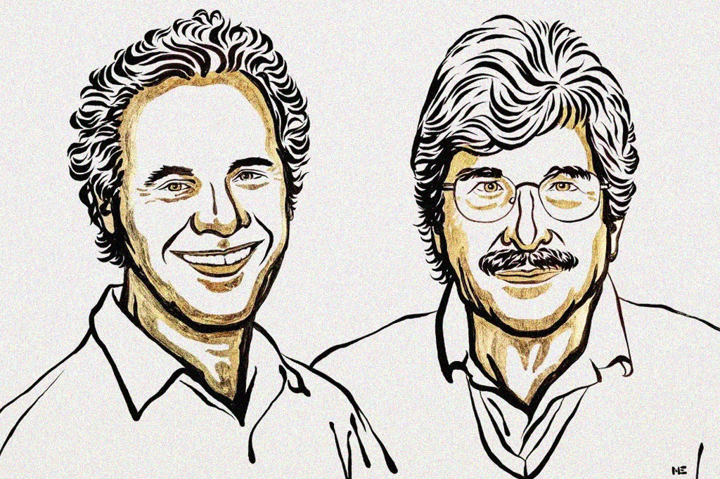 Ilustração dos ganhadores do prêmio Victor Ambros e Gary Ruvkun.