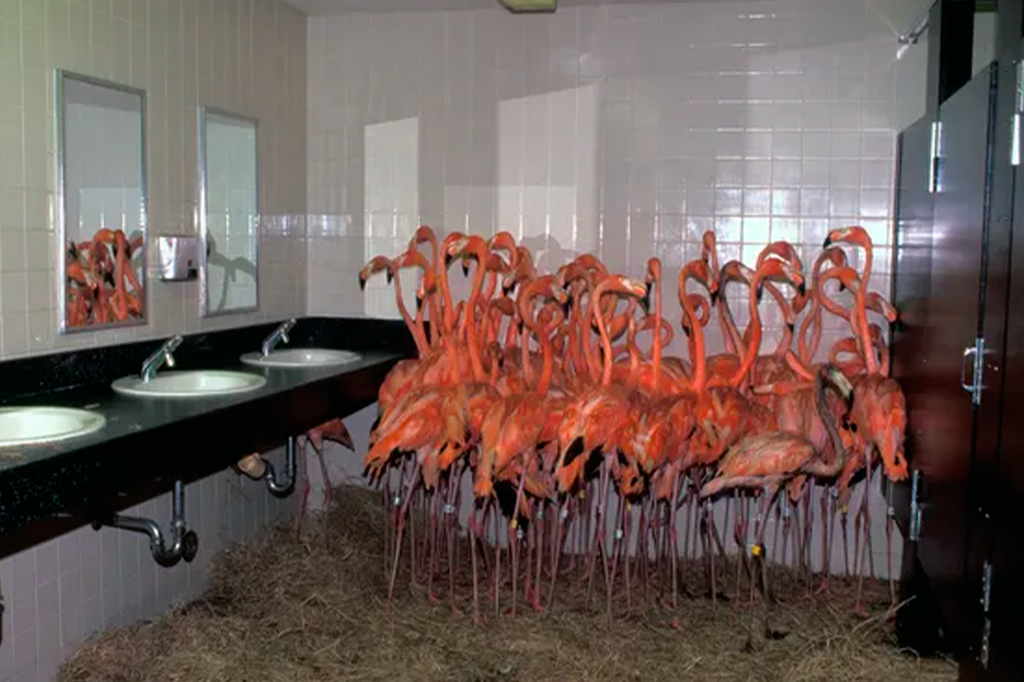 1010-zoológico2-layout_site Foto dos flamingos se abrigar no banheiros do zoológico após o furacão monstruoso de categoria 5.