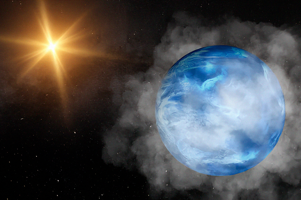 Ilustração do exoplaneta a vapor GJ 9827 d visto pelo Telescópio Espacial James Webb.