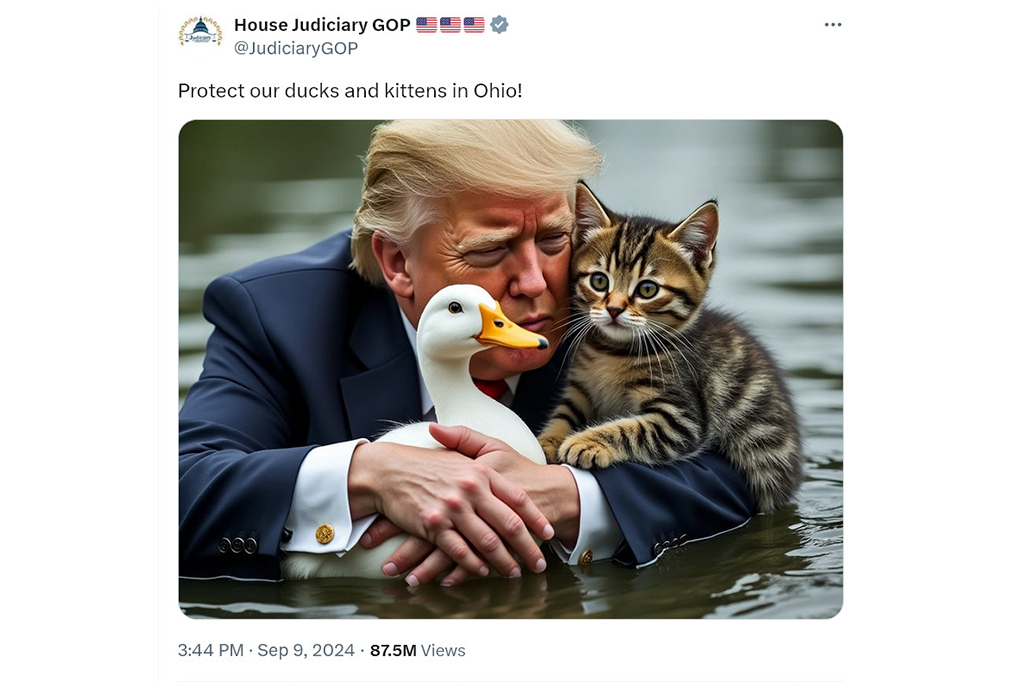 1910-Wikipedia2-layout_site Imagem gerada por IA de Donald Trump em pé na água com um gato e um pato.