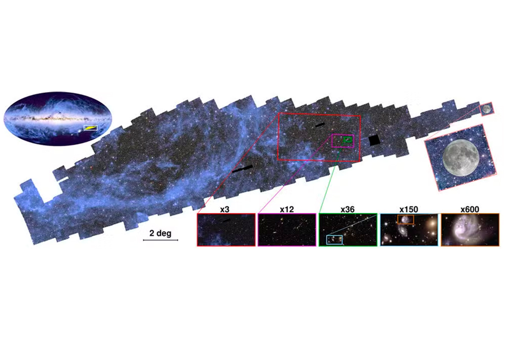1910-mapa-do-universo1-layout_site Imagem ampliada do mosaico de 208 gigapixels contendo cerca de 14 milhões de galáxias e cobrindo uma parte do céu do sul mais de 500 vezes a área da Lua cheia vista da Terra.
