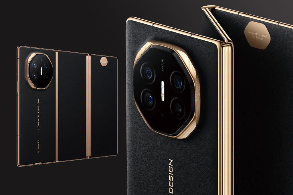 Imagens do celular Huawei, modelo Mate XT Ultimate, em fundo preto.