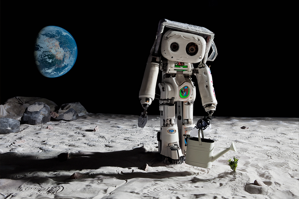 Uma foto de um robô na lua regando uma planta.