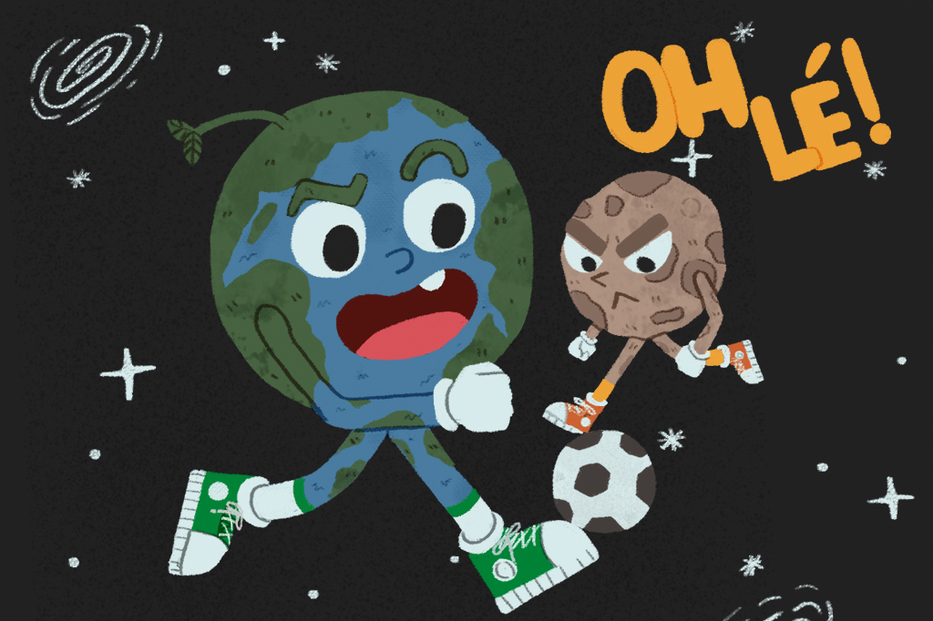 Ilustração do planeta Terra jogando futebol com um asteroide.