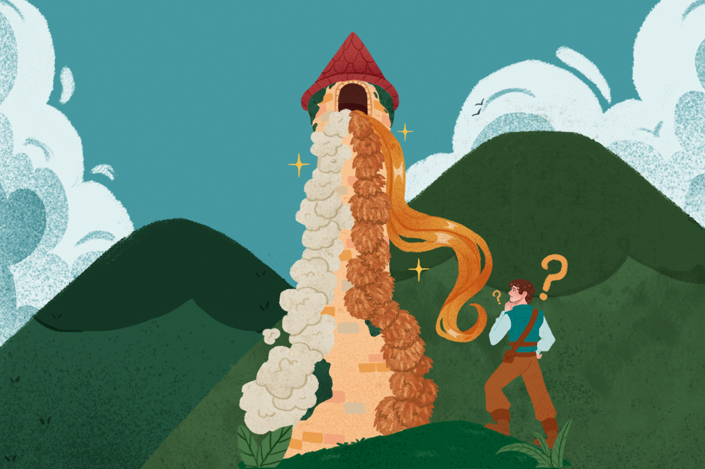 Ilustração de um príncipe, no alto da montanha, olhando com dúvida para da torre de Rapunzel.