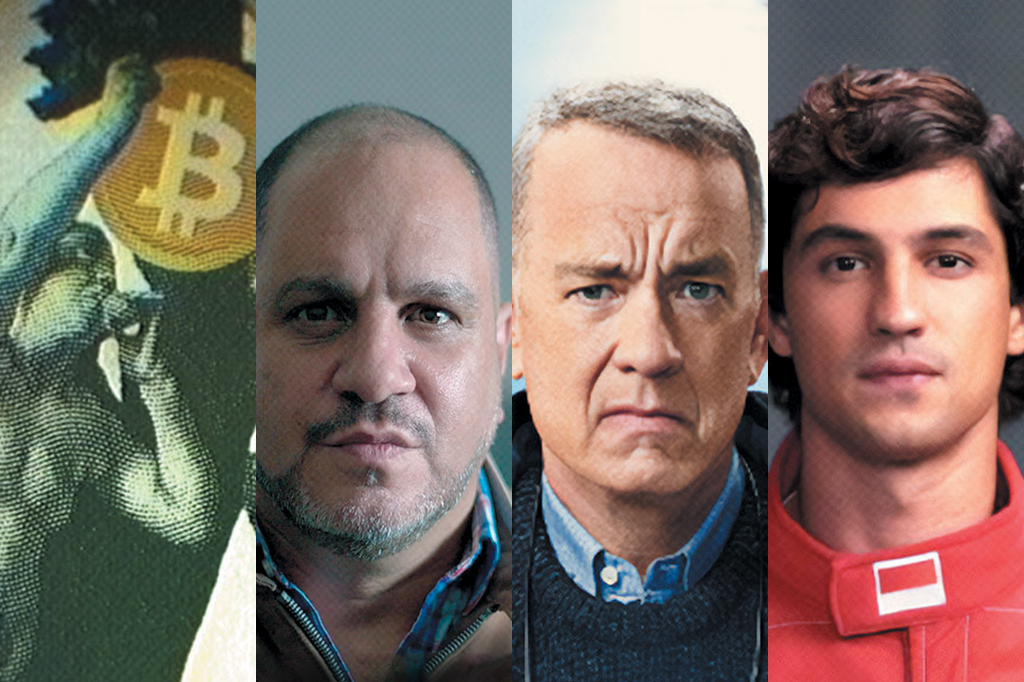 Montagem com fotos dos filmes: Moeda digital: o mistério do bitcoin (2024); O vendedor de ilusões (2024); O pior vizinho do mundo (2023) e Senna (2024).