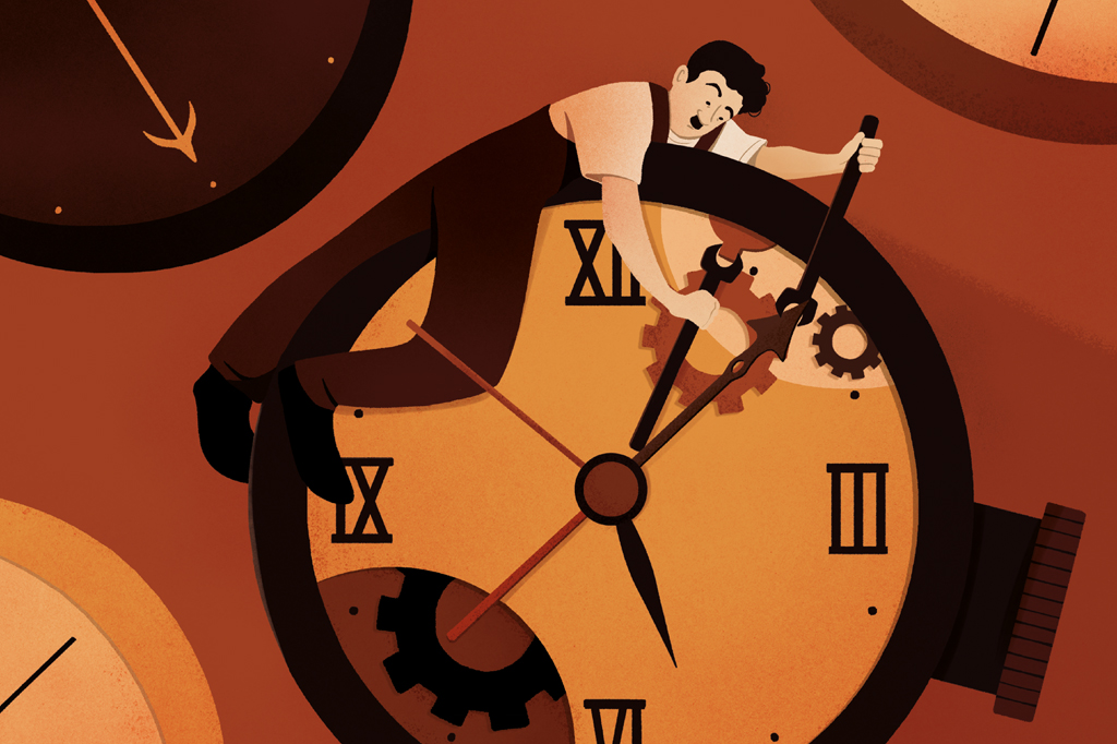 SI_469_Tempo_1 Ilustração, inspirada no filme Tempos Modernos, de um um homem consertando um grande relógio.