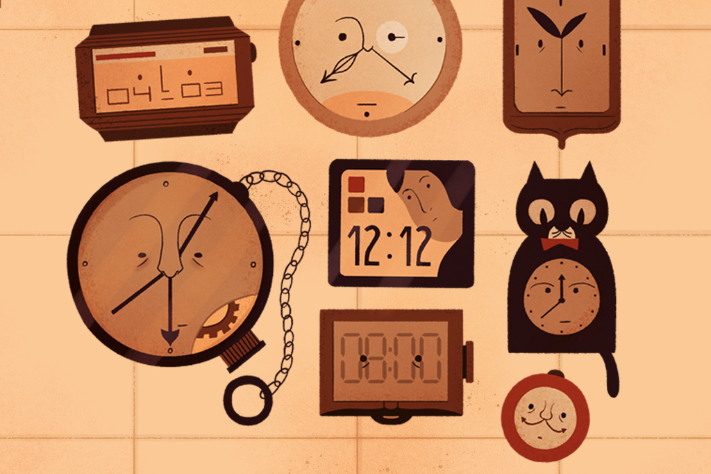 SI_469_Tempo_2 Ilustração, em fundo marrom claro, de diversos relógios na parede.