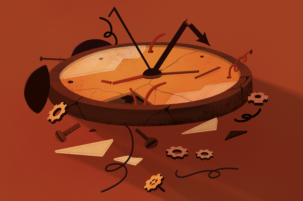 SI_469_Tempo_3 Ilustração, em fundo marrom, de um relógio quebrado com suas engrenagens espalhadas ao redor.