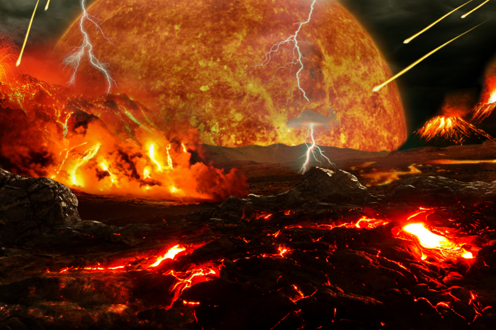 0612-Terra-layout_site2 imagem de uma provável da Terra como uma “bola de fogo” em seus primórdios: um mundo muito mais quente, dominado por vulcões e bombardeado por meteoritos