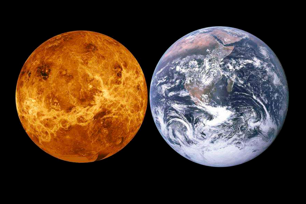 Imagem comparando o tamanho de Vênus com a Terra.