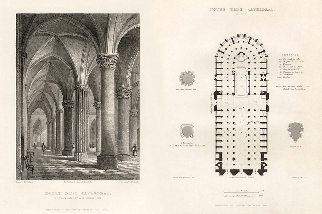 Ilustração de Catedral Francesa, Catedral de Notre Dame, França, Gravura Francesa Antiga, 1837.