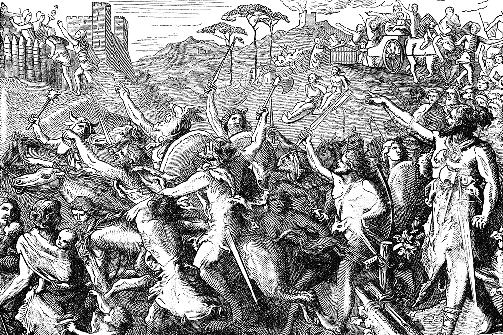 Antiga ilustração gravada dos Bárbaros atacando Roma.