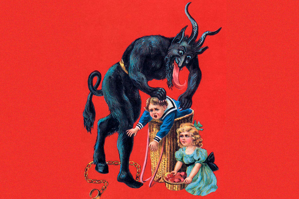 Ilustra&ccedil;&atilde;o do Krampus sequestrando uma crian&ccedil;a.