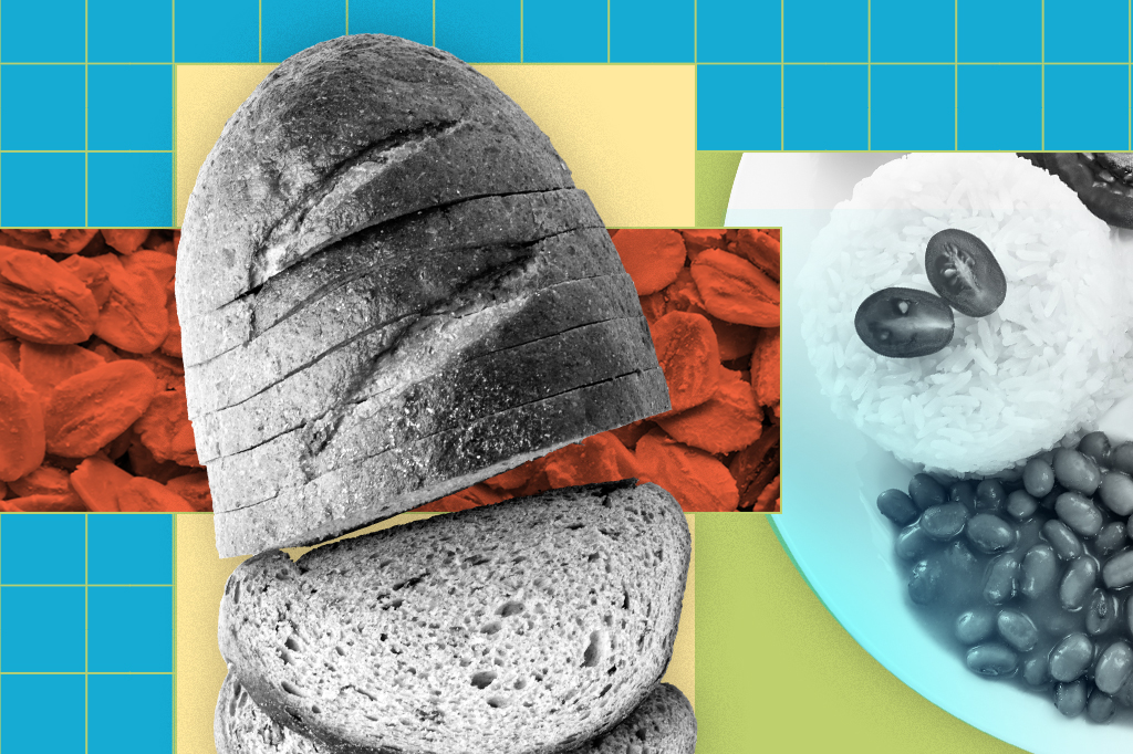 Colagem, com grid verde em fundo azul, composta de um pão, um prato de comida e uma porção de aveia.
