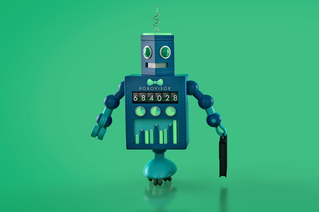 Imagem, em fundo verde, de um robô antigo segurando uma pasta.