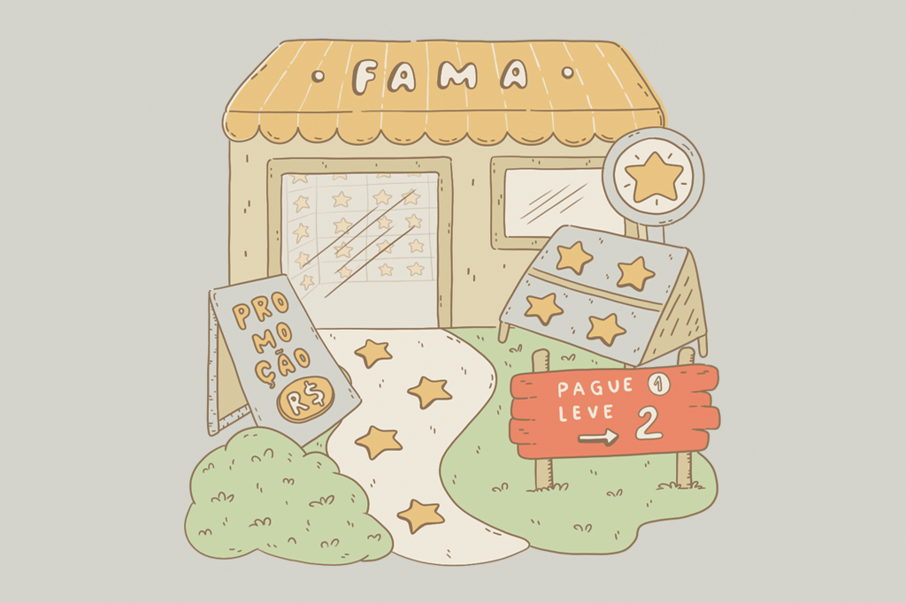 Ilustração, em fundo cinza, de uma casa com placas promocionais em frente.