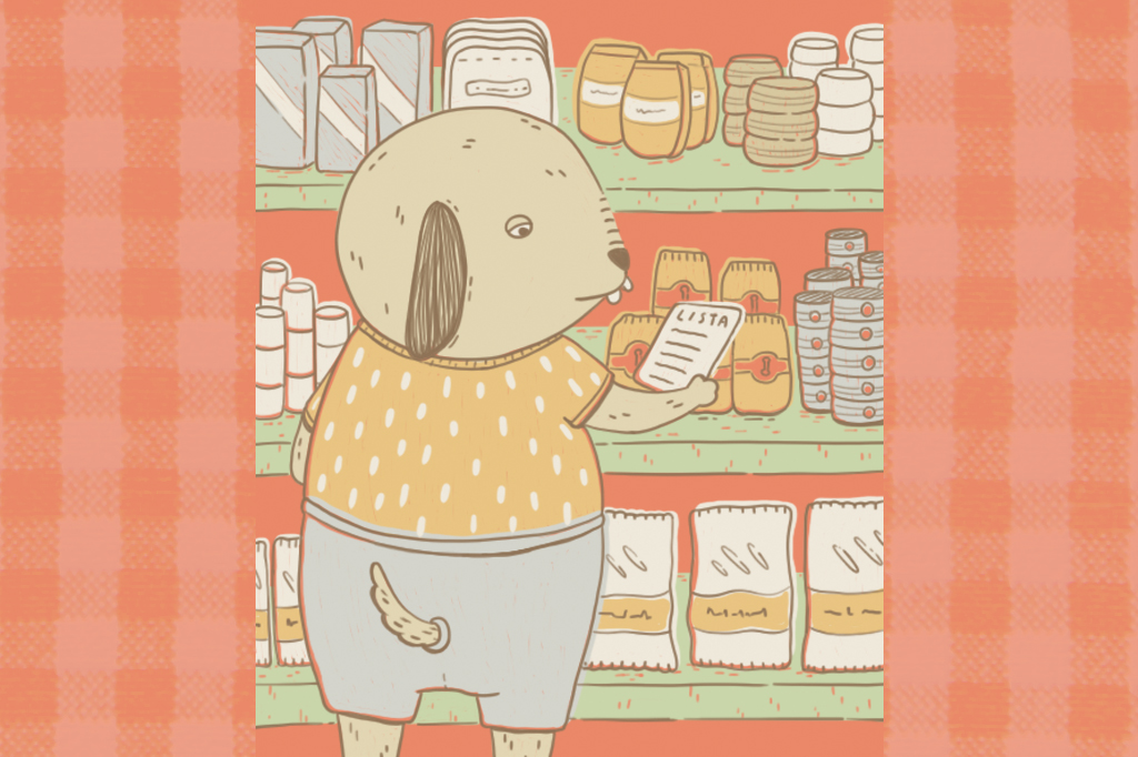 SI_470_Oráculo_Manual_2 Ilustração, em fundo vermelho, de um cachorro fazendo compras num mercado.